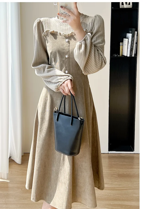 Hepburn Wind Light Core Velvet Splicing Fake Two Piece Dress for Women Gentle Long Dress French Interior Bottom Skirt