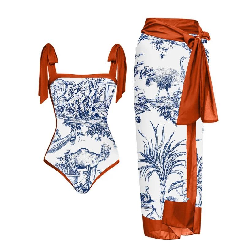 

New vintage conservative one-piece hot spring swimsuit set for women with chiffon cover-up wholesale