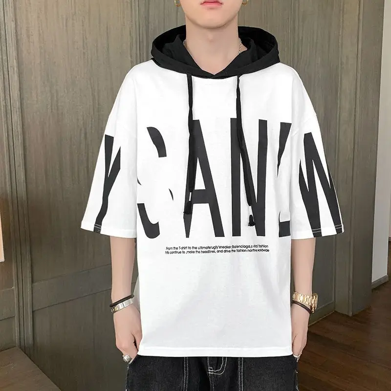 Fashion O-Neck Loose Printed Letter Hooded T-Shirts Men\'s Clothing 2024 Spring Summer New Oversized Korean Tops Casual Tee Shirt