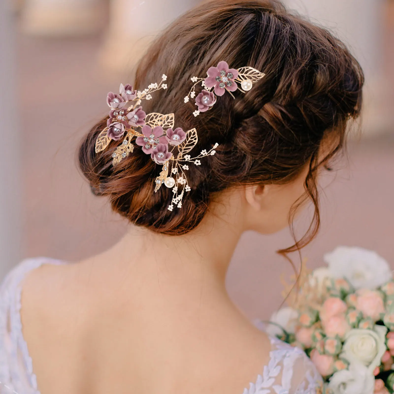 

4 Pcs Comb Set Bride Combs Delicate Crystal Bridal Combs Pink Clip Girls Accessories Bridesmaid Prom Party Hairpins