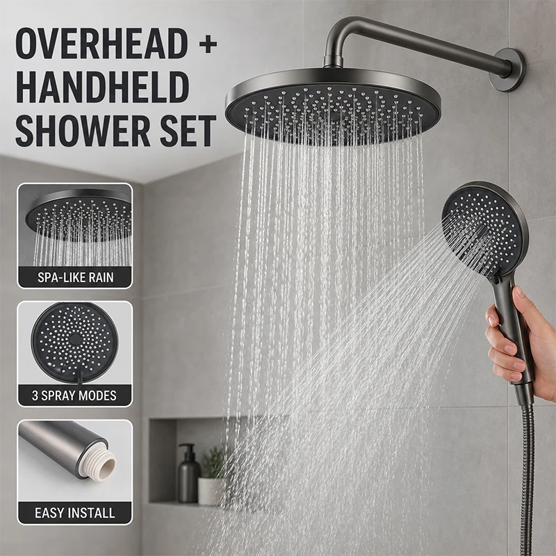 3-Mode Handheld Shower Head with High Pressure Overhead Rainfall Sprayer Large Flow Complete Bathroom Shower Set for Home SPA