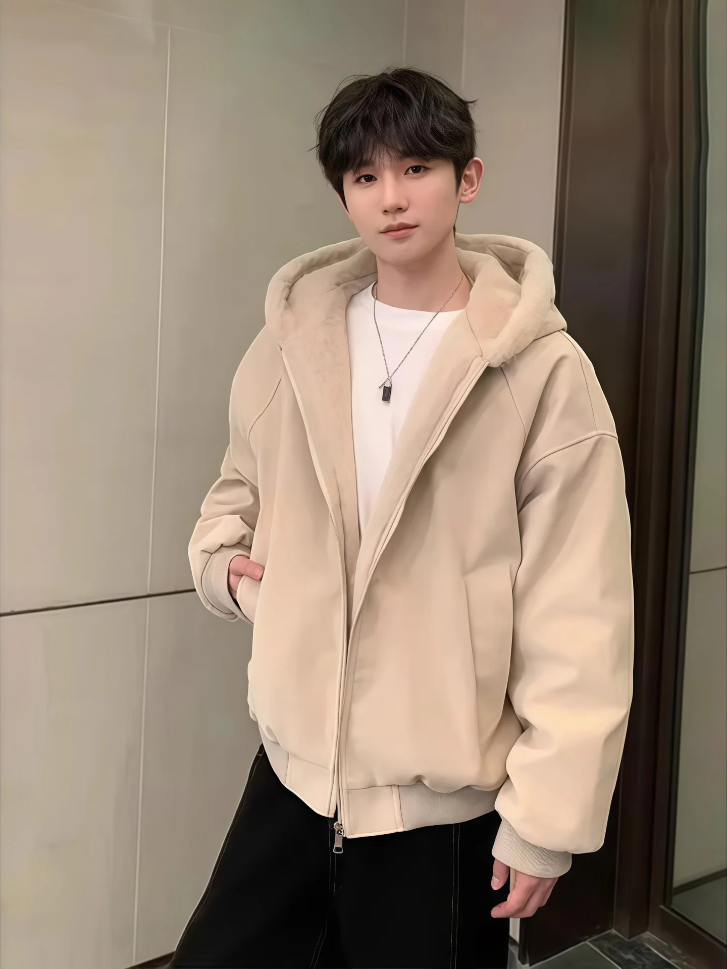 

Men's Winter Thiened Fur Jaet Cleanfit Water-Resistant Hooded Cotton Coat Youth Trendy Loose Fit Multi-ket Warmth