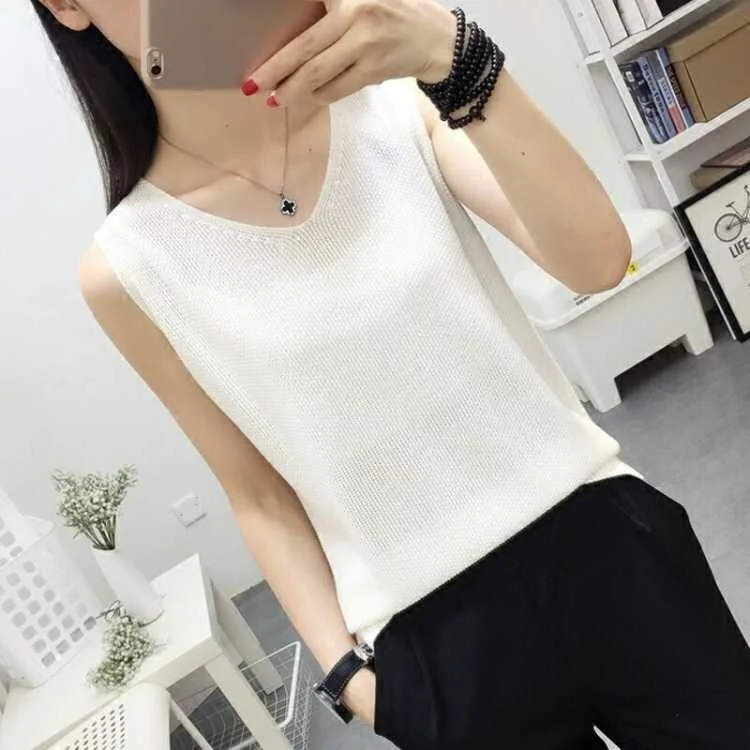 Top donna estate scollo a V Hollow maglia maglia senza maniche Casual canotta Blusas Top maglia trasparente Patchwork T Shirt fondo canotta 2019