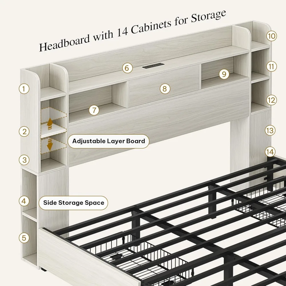 King Bed Frame with Bookcase Headboard and 4 Storage Drawers, RGB LED Bed Frame with Type-C & USB Charging Station Storage