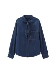 Long Sleeve Denim Shirts for Women, Button-up, Patch Pocket, Female Blouses, Chic Tops, Fashion
