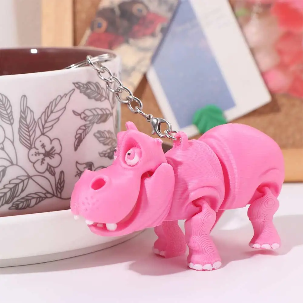 

PLA Pink Hippopotamus Keychain Multi-jointed Movable 3D Printed Animals Figurine Solid Color Model