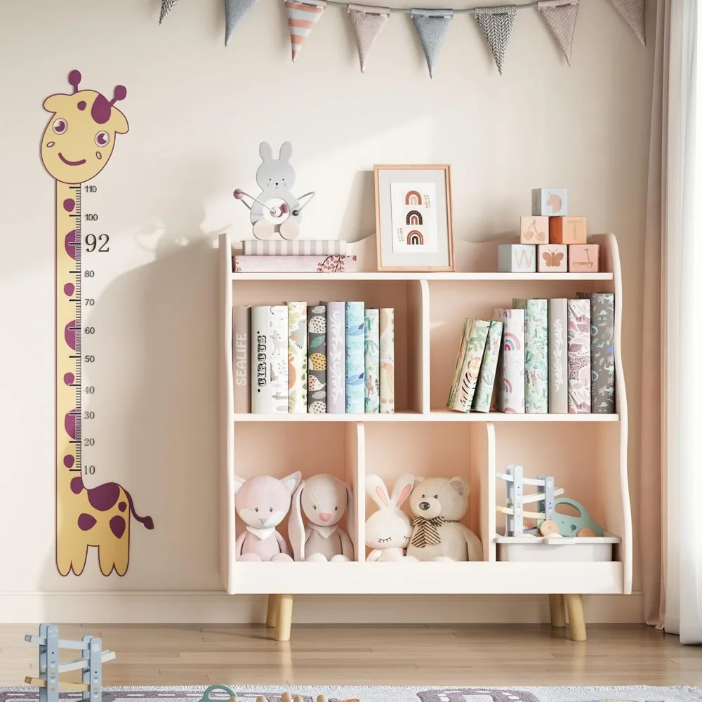 رف كتب خشبي منحني للأطفال مكون من 3 طبقات ومنظم ألعاب مع 5 مكعبات تخزين