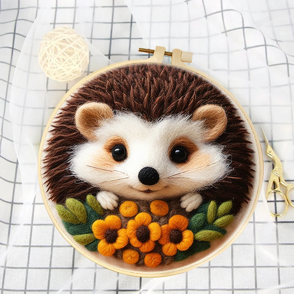 

CHENISTORY DIY Flower Hedgehog Wool Felting Painting With Embroidery Frame Animal Needle Wool Painting Picture For Home Decors