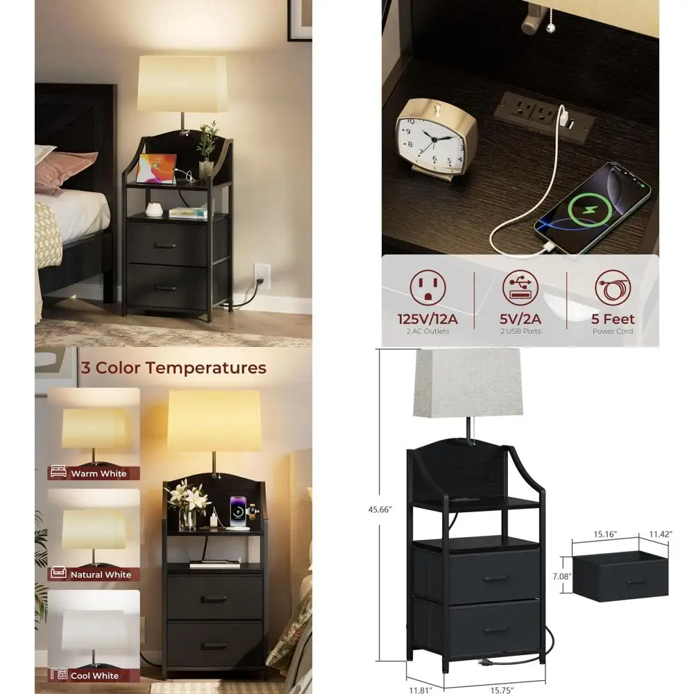 منضدة محطة شحن سوداء مع أدراج قماشية ومنفذ USB ومنافذ لغرفة النوم أو النوم