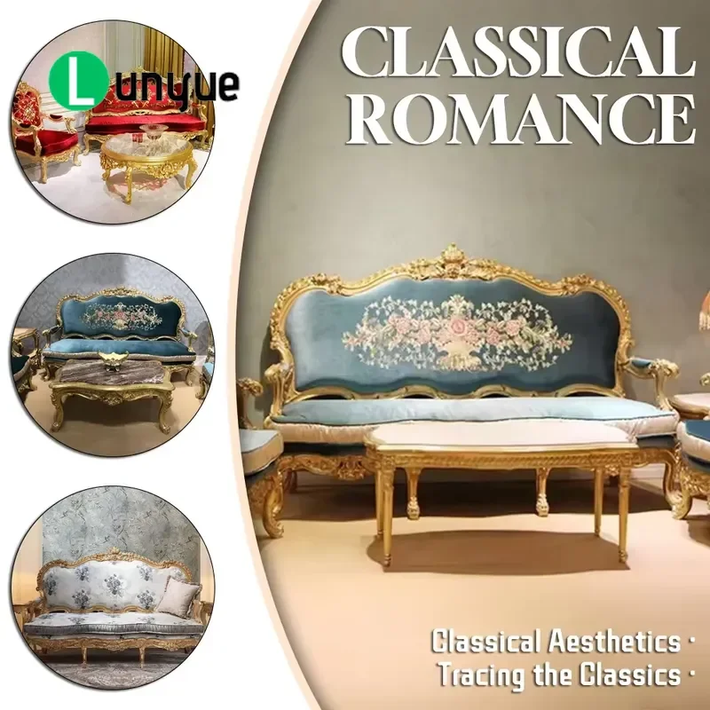 European French Luxury Villa 3 Seat Sofa Classical Champagne Gold Carving Solid Wood Fabric Couch For Living Room