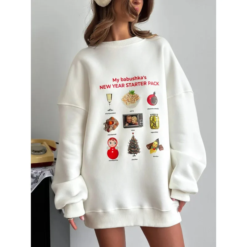 

Womens Figure Print Sweatshirt Round Neck Long Sleeve Contrast Color Pullovers Cute Cartoon Print Sweatshirt Winter Fleece Lined