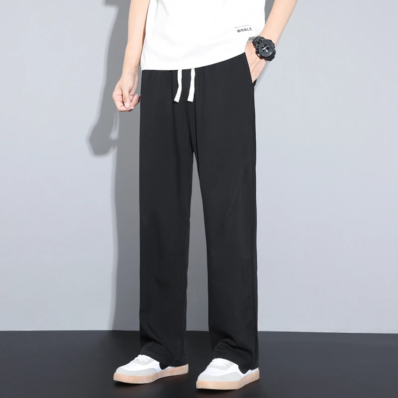 Summer Soft Lyocell Ice Silk baggy Men's Jeans Thin Loose Straight Pants Drawstring Elastic Waist Korea Casual Solid black Male