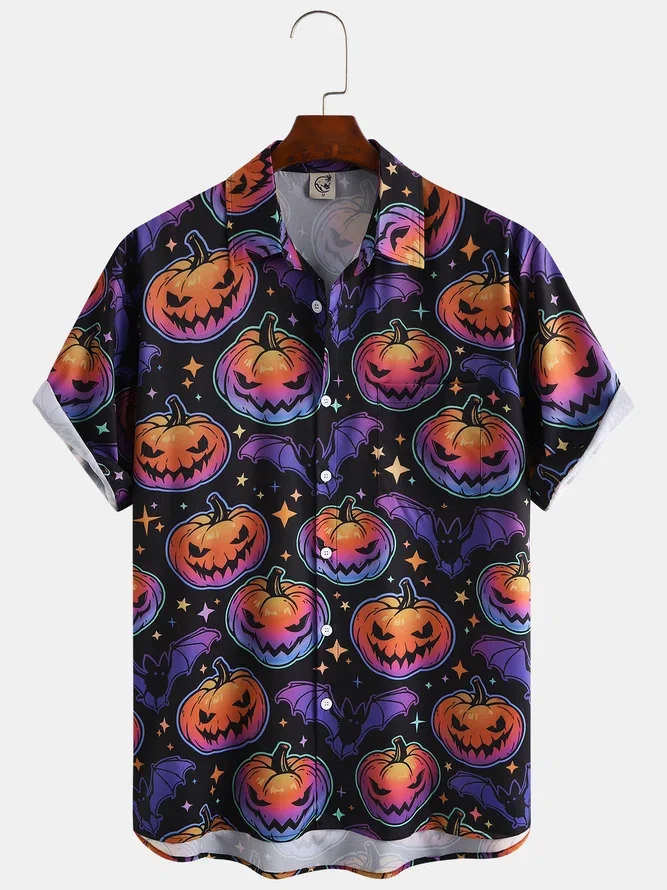 Men\'s Halloween Pumpkin Graphic Print Short Sleeve Shirt Retro Funny Pumpkin Element Pattern Party Wear