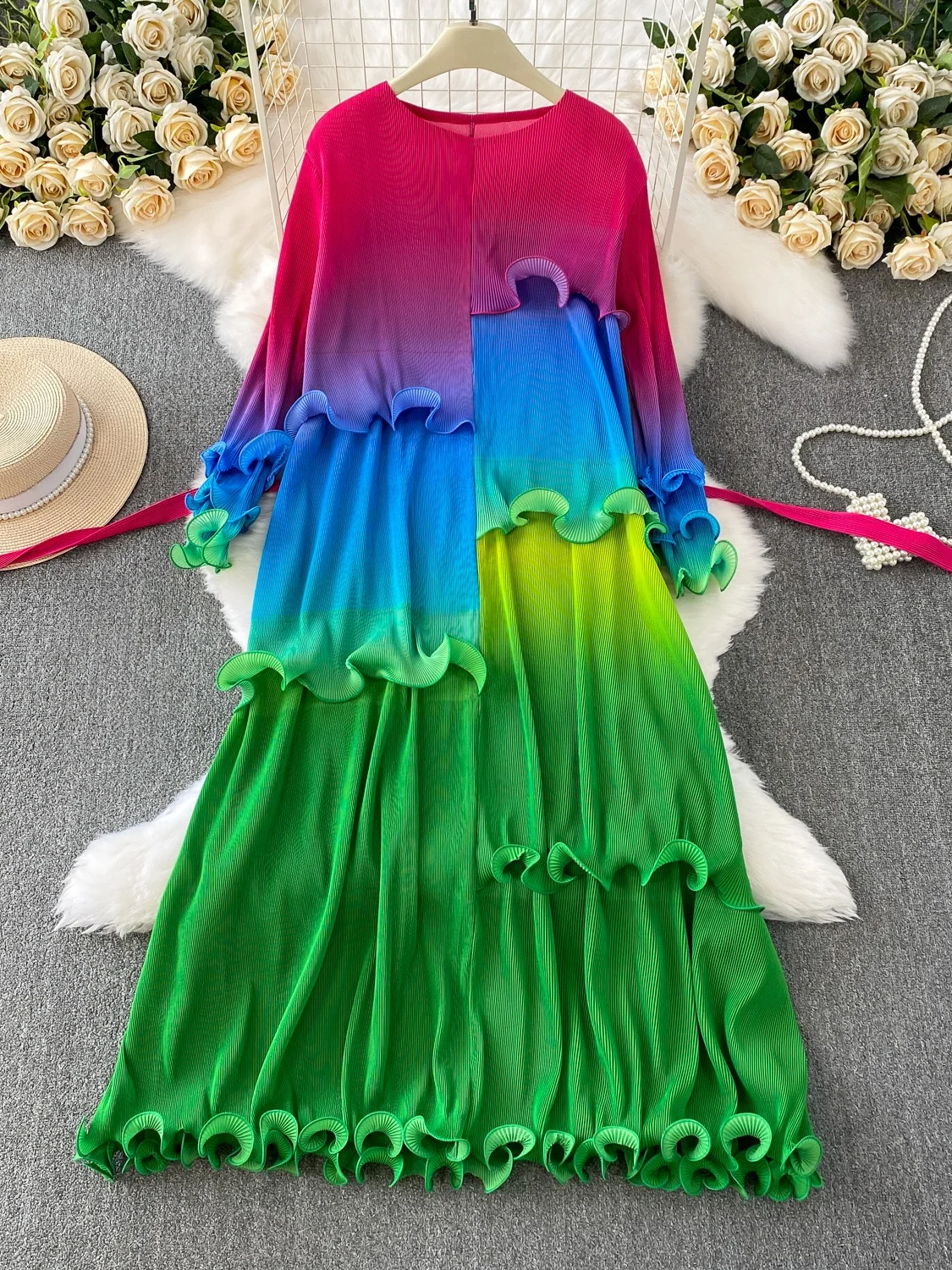 E Vestido Largo de Noche para Mujer, Vestido de Cintura Alta con Corte en A, Cuello Redondo, Color Deadado, con Deco...