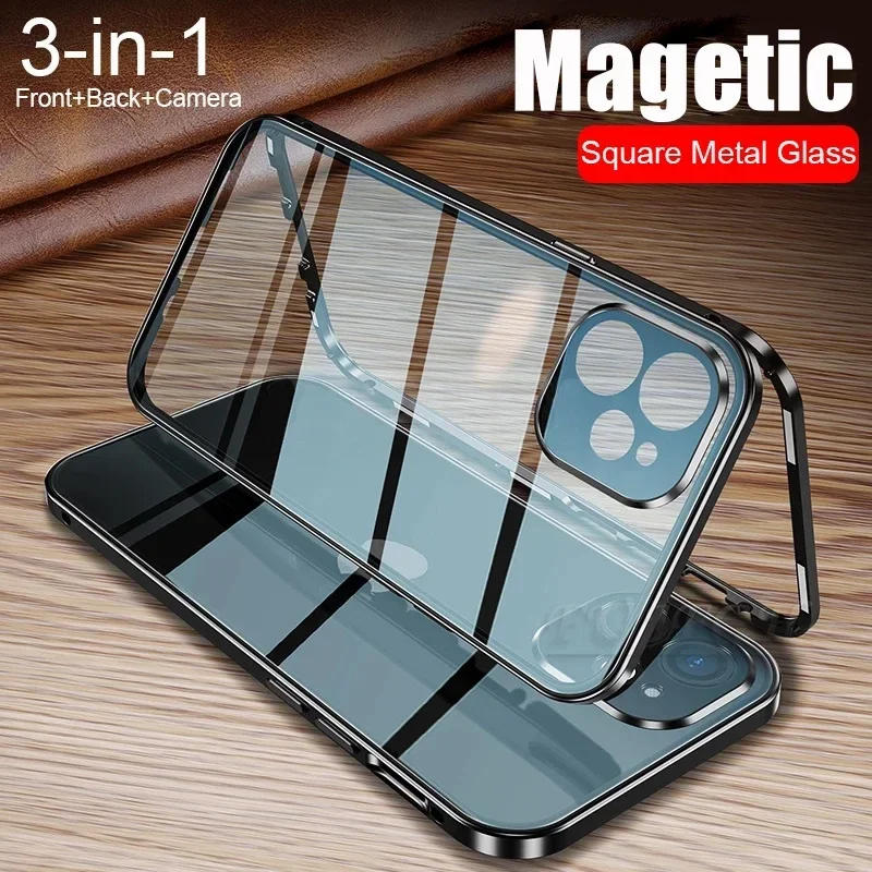 360 Full Protective Magnetic Case for iPhone 14 13 12 11 Pro Max Plus 13 12 Double Sided Glass Cover With Camera Lens Protection