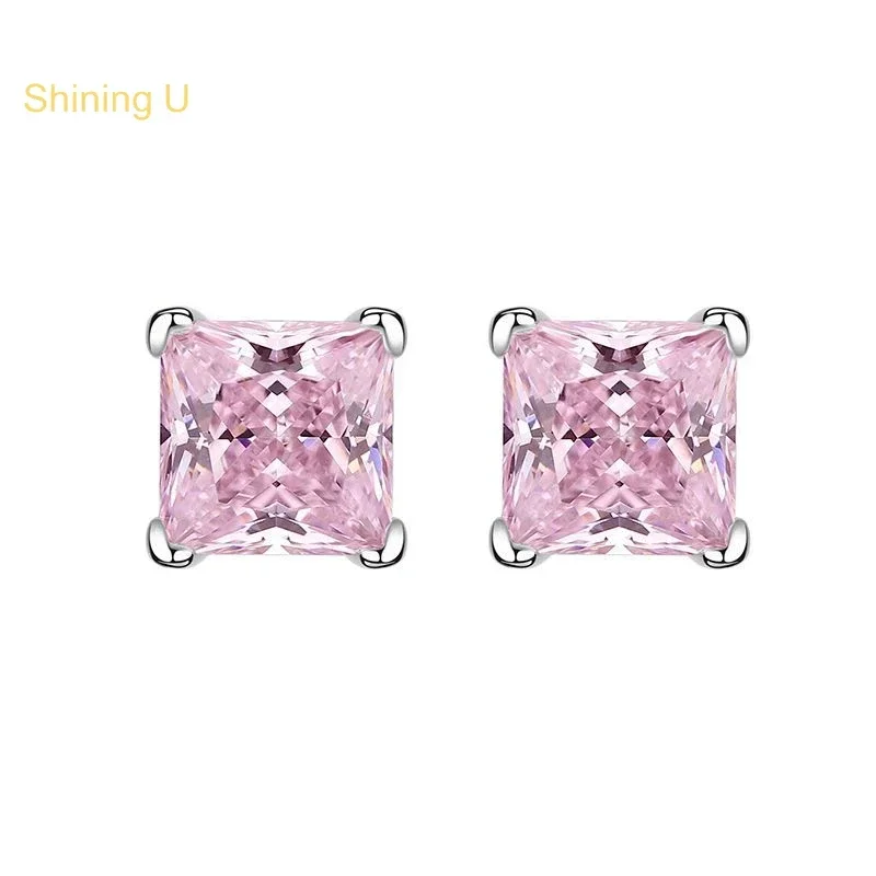 Shining U S925 Silver High Carbon Diamond Pink Gems 6*6mm Stud Earrings for Women Fine Jewelry Wedding