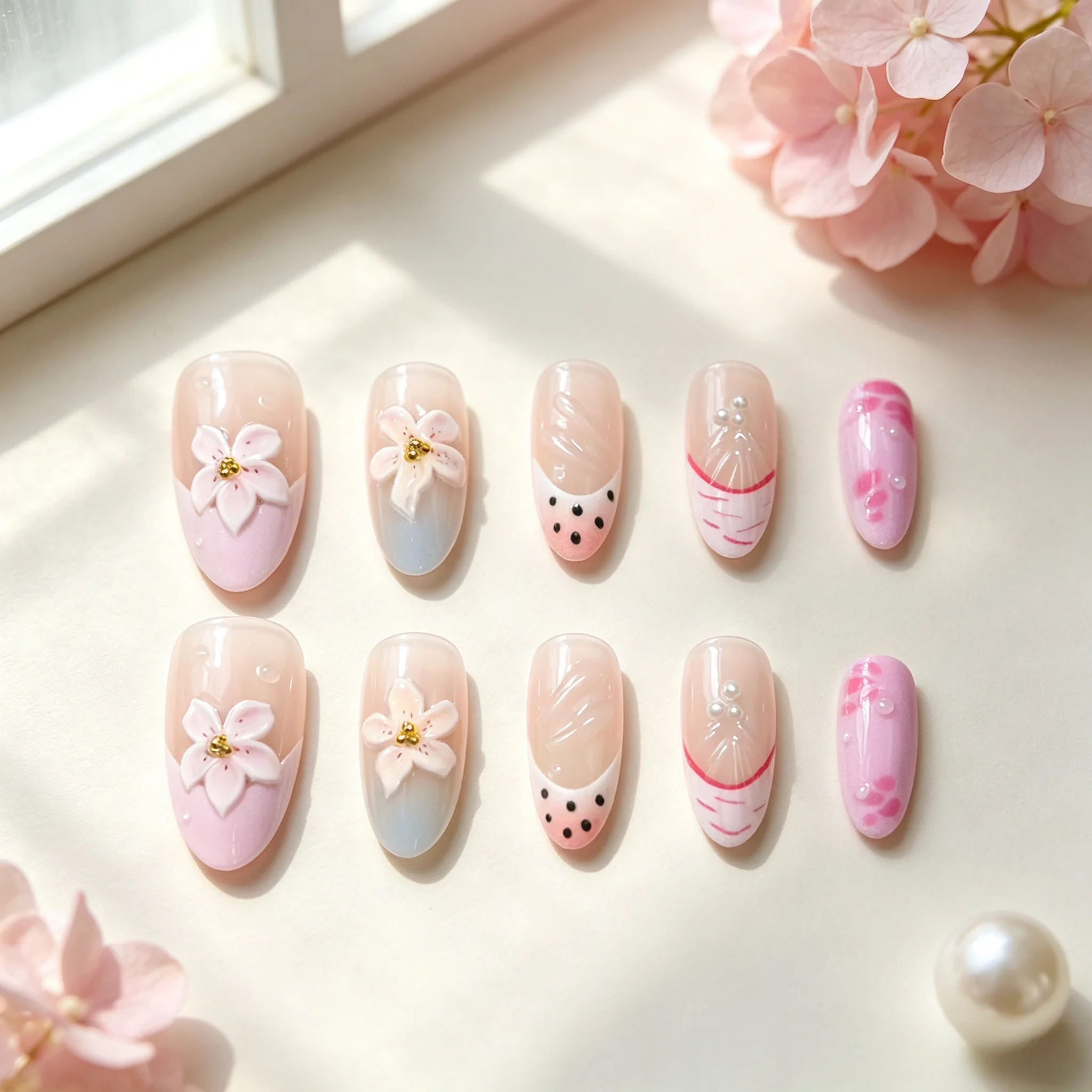 10Pcs Medium Almond Handmade Press On Nails Gift Box, Nude Gradient 3D White Floral Polka Dot Wave Line Pearl Design Reusable Fa
