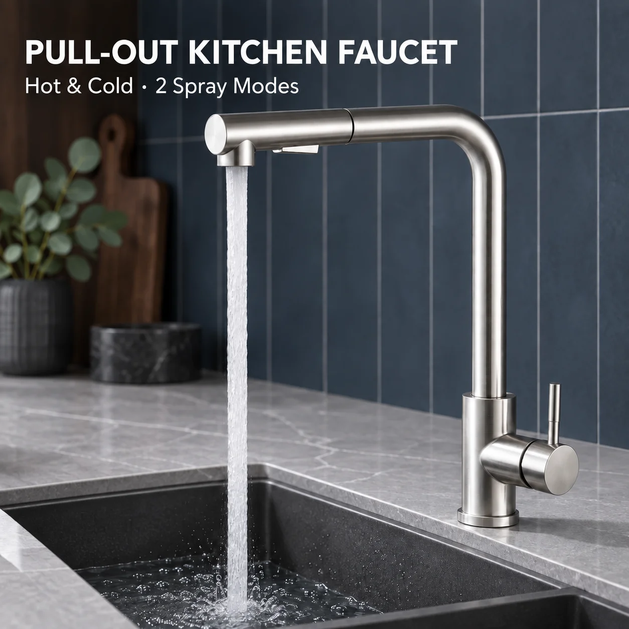 Brushed Stainless Steel Pull Out Kitchen Faucet, Dual Spray Hot Cold Mixer Tap, Single Handle High Arc Deck Mount Sink Faucet