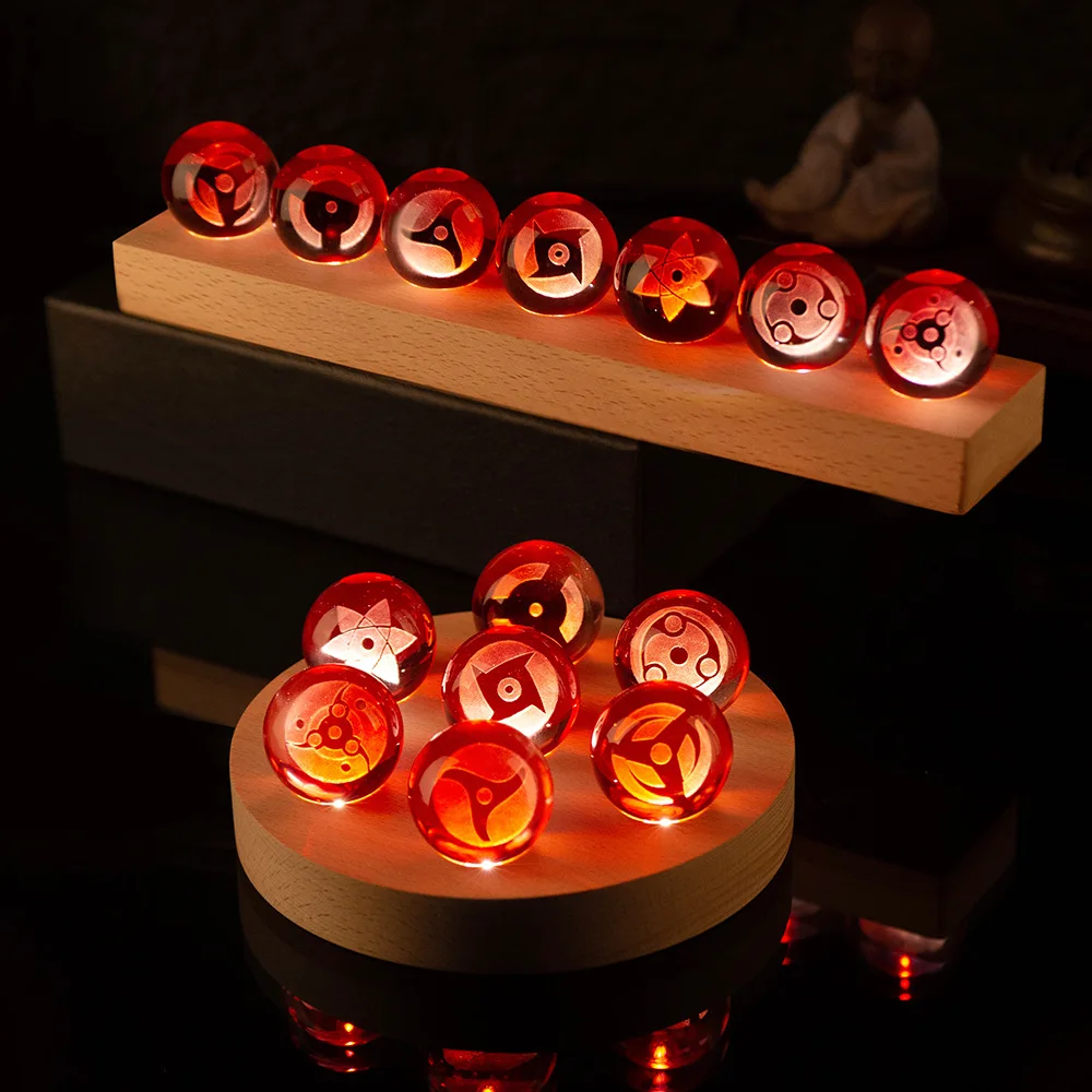 7PC Glass Luminous Transparent Red Crystal Ball Creative Desktop Figurines Solid Wood Base Modern Cartoon Home Decoration