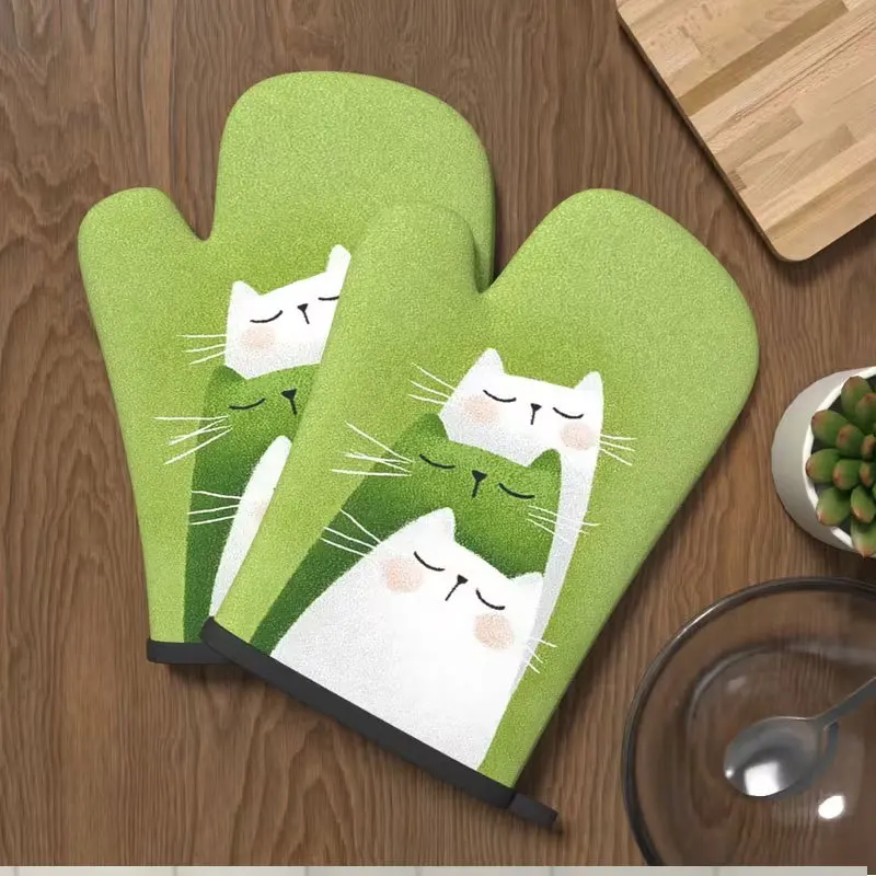 2pc Cat Oven Mitts Kitchen Decor Cooking Baking Barbecue Picnic Essential Heat Resistant Gloves for Home Kitchen,Outdoor Camping