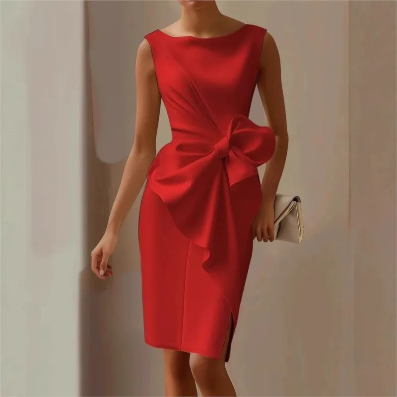 Vestidos por debajo de la rodilla calados sin mangas para mujer, vestido Sexy elegante con cuello redondo en la cintura, vestido envuelto con lazo, vestido de fiesta de oficina, Vestidos nuevos