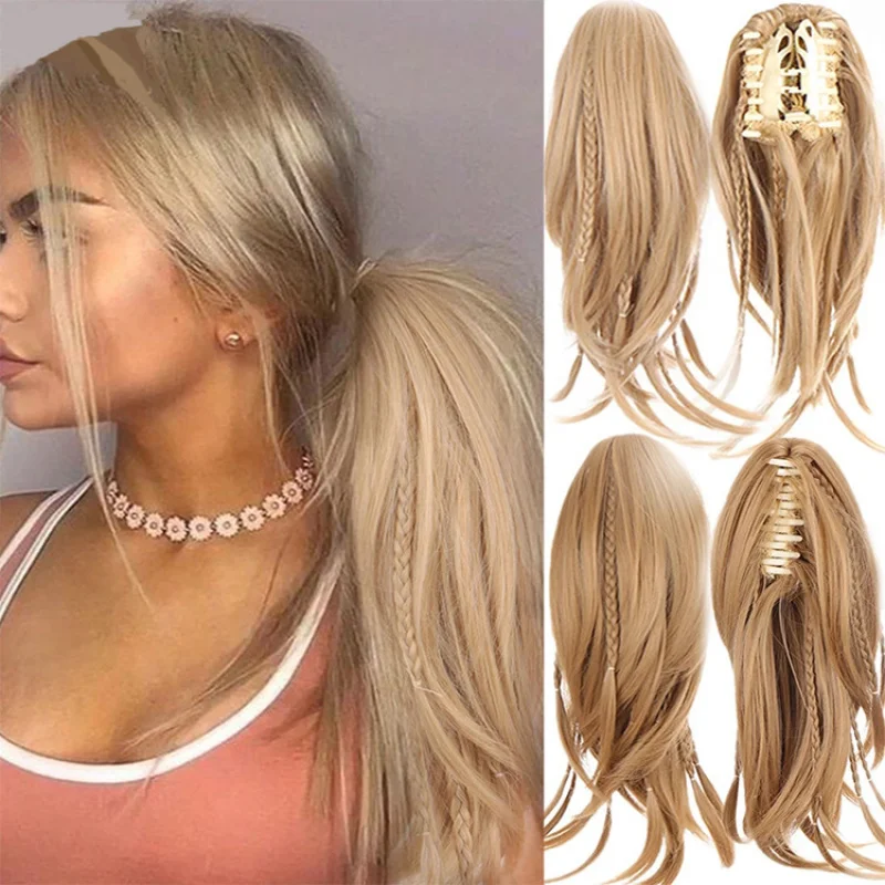 Women's braided 12inch claw clip long straight hair ponytail