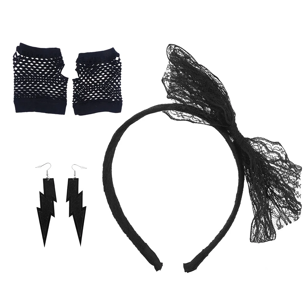 Set Accessori Anni '80: Fascia per Capelli in Pizzo, Guanti a Rete Neri Senza Dita, Orecchini Neon, Costume per Feste, Disco, Halloween, Cosplay