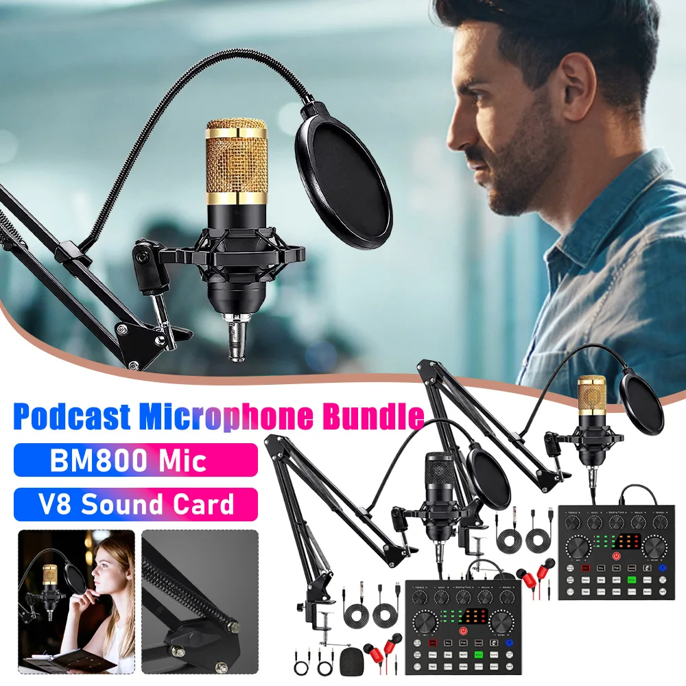 

Оборудование для подкастов, микрофон BM800, звуковая карта V8, профессиональная потоковая передача подкастов, ПК, микрофон, студийный конденсаторный микрофон для записи