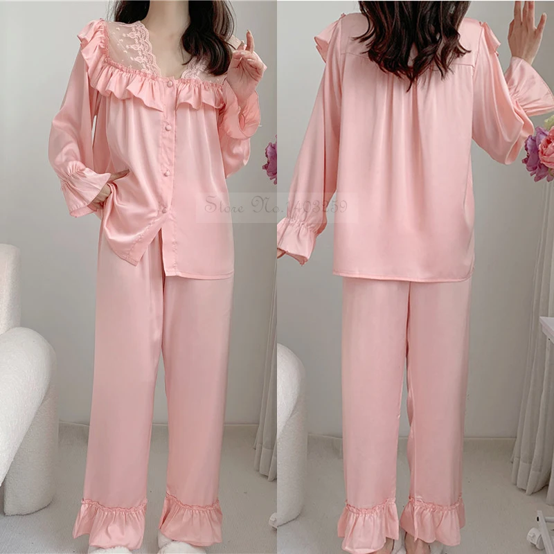 Pajamas Women Spring Long Sleeve Pijamas Suit Sleepwear Sweet Pink Nightwear 2PCS Shirt&Pant Casual Silk Satin Home Clothes