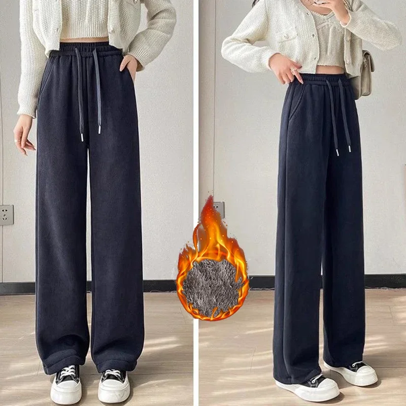 Winterhose für Mädchen mit hoher Taille, wärmend, aus Plüsch, modische Schneehose für Damen, warme Hose, weite, fließende Hose aus Fleece mit geradem Bein.