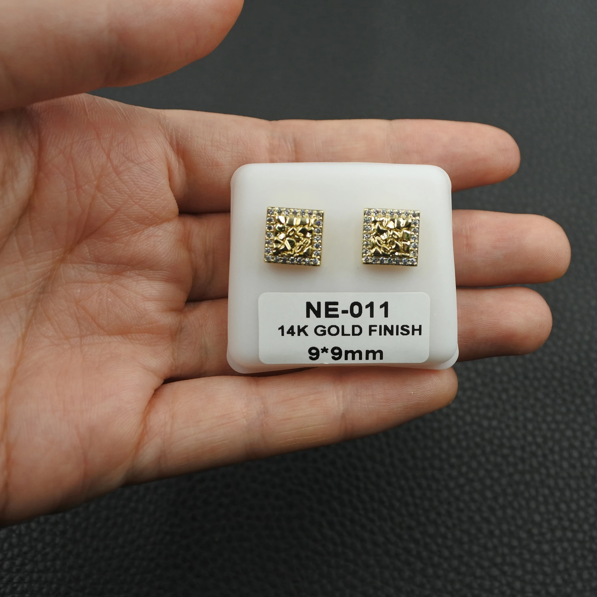 9mm Mini Irregular Square Shape Stud Earrings Hip Hop Style for Men And Women Gift with Crystal CZ Zirconia Gold Nugget Design