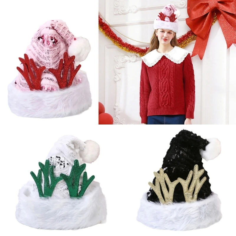 Sequins Christmas Hat Soft Comfortable Santa Hat Plush Reindeers Antlers Hat Festival Accessory for Various Ages