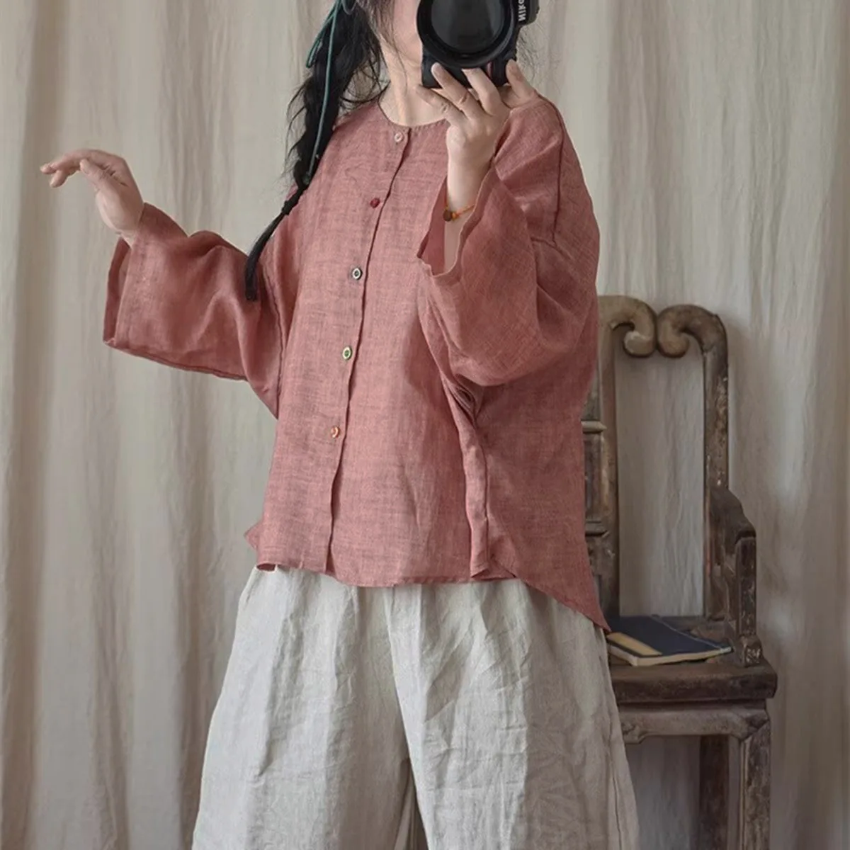 Mulheres verão leve sheer botão camisa manga longa cardigan ramie retro em torno do pescoço solto curto topos blusa alta e baixa