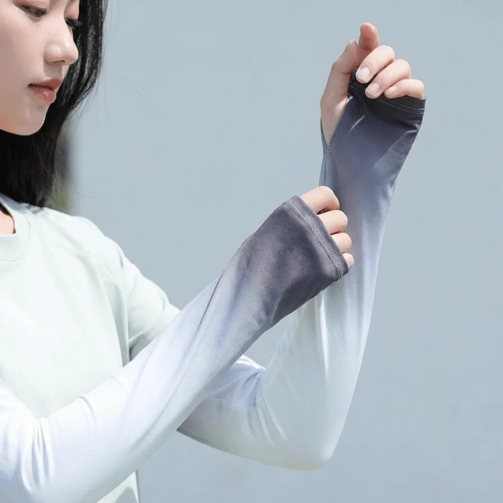 

Cute Pulling Rope Ice Silk Arm Sleeves Gradient Color Flared Sunscreen Arm Sleeves Large Thin Cycling Arm Cover Summer