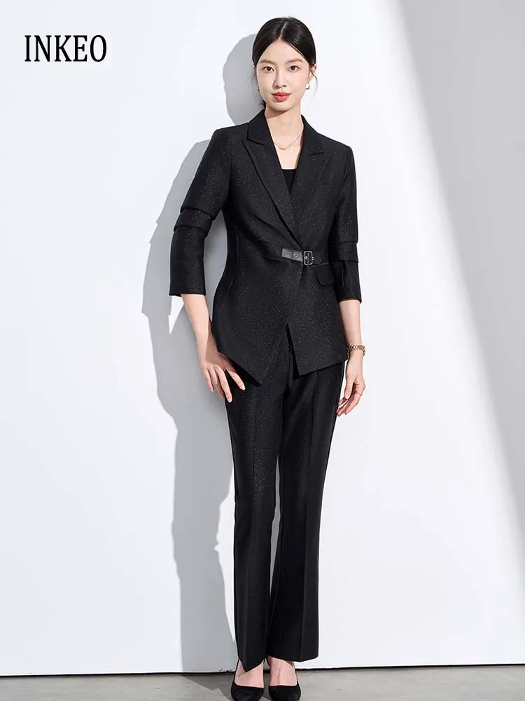 

Офисный женский блейзер нестандартной формы и брюки-клеш, осень 2025, роскошный комплект из 2 предметов, женский черный наряд большого размера, элегантный INKEO 5O089