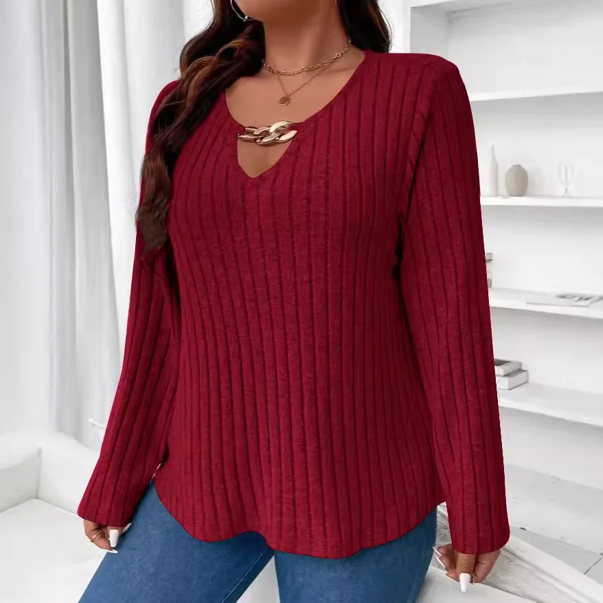 Sweter damski Solid Commute Elegant V-neck Modny Pit Stripe Długi rękaw Plus Size Top Wszechstronna Odzież Jesień Zima