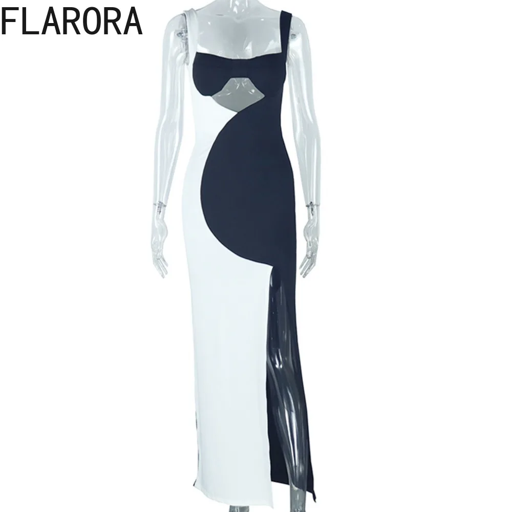 FLARORA Elegante abito patchwork bianco nero Donna Cinghie senza maniche Scava fuori Abito lungo senza schienale Abiti aderenti da festa