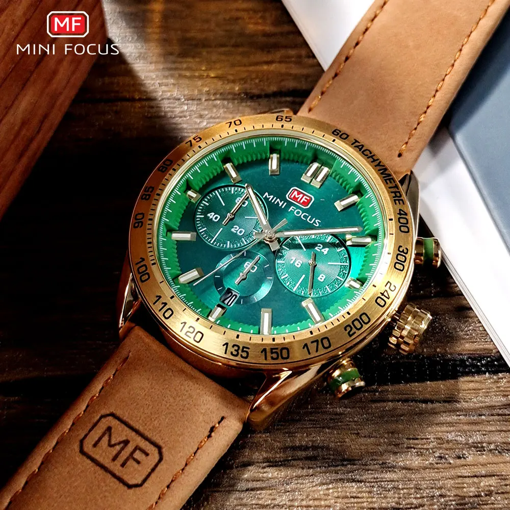 

MINI FOCUS Gold Green Quartz Watches Men Casual Leather Strap Waterproof Luminous Wristwatch with Auto Date 24-hour Indicator