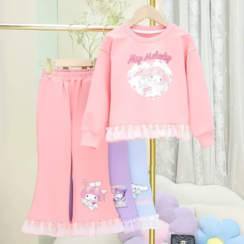 Sanrios My Melody Anime Kawaii Autumn Girls Two Piece Set of Children Long Sleeve Pants Fashion Versatile Set Christmas Gifts