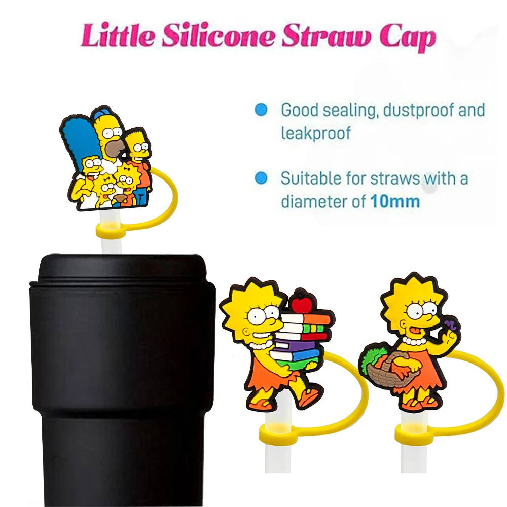 Simpson Cartoon Silicone Straw Covers For Stanley Water Glass Bottle Drinking Dust Cap Straw Tip Cover Cup Accessories For 10mm