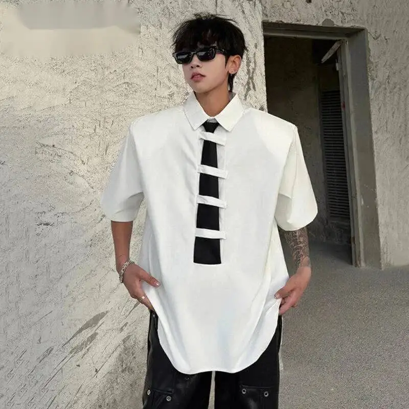 Tie Design Men's Shirts Contrast Color Short Sleeve Patchwork Turn-down Collar Shoulder Padded Loose Male Tops New 9WMVKH