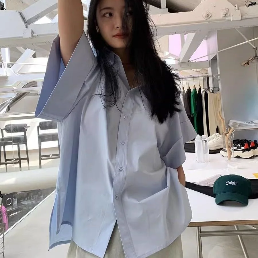

plus Size 300 Pounds Blue Short Sleeve Women's Shirt Summer Loose Fit Versatile Top Korean Style Commute Wind Pure Color