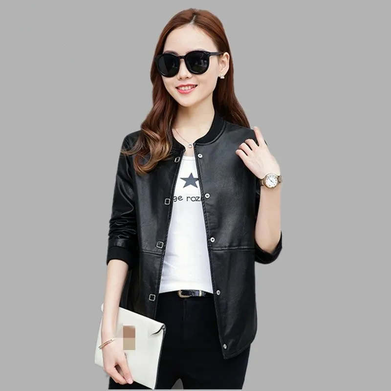 Chaqueta de cuero PU para mujer, abrigo Bomber informal negro con un solo pecho y bolsillo, prendas de vestir cortas holgadas para adolescentes y niñas, primavera y otoño