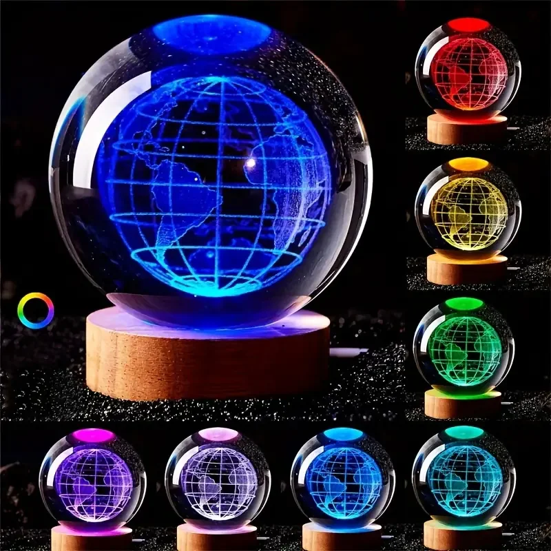 

1 шт. 3D лазерный резной кристаллический шар Земли с красочной деревянной светодиодной основой, небольшой ночник, подходит для украшения домашнего офиса, су