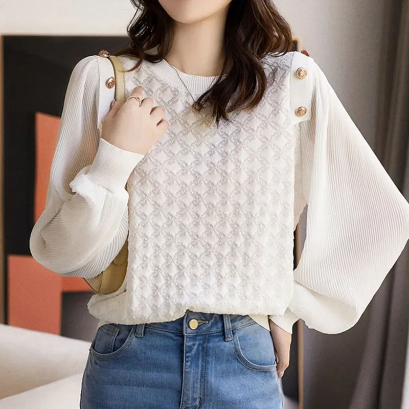 

2024 New Summer High Waist Elegant Fashion Loose Office Lady T-shirts for Women Korean Style Button O Neck Long Sleeve Chic Tops