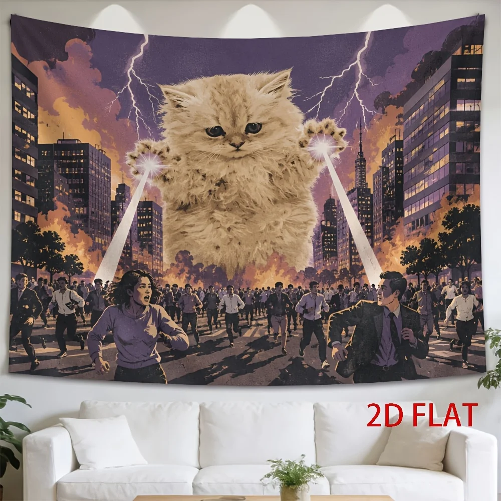 Giant Laser Cat Tapestry, Funny Monster Cat Destroy City, Lightning Sky Panic Crowd, Wall Hanging for Bedroom Dorm Home Decor