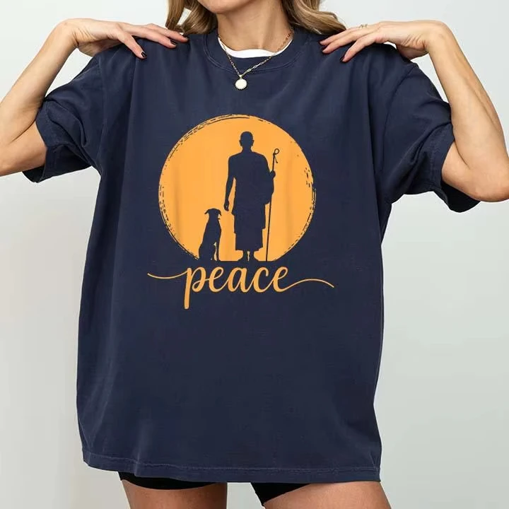 Vintage Monks with Aloka Dog T-Shirt Summer Men's and Women's Loose and Breathable T-shirt Top