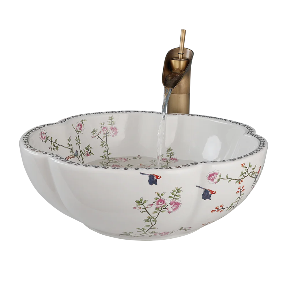 Bathroom Ceramic Flower-Shaped Basin Bowl Vanity Vessel Sink Taps Mixer Gold Faucet