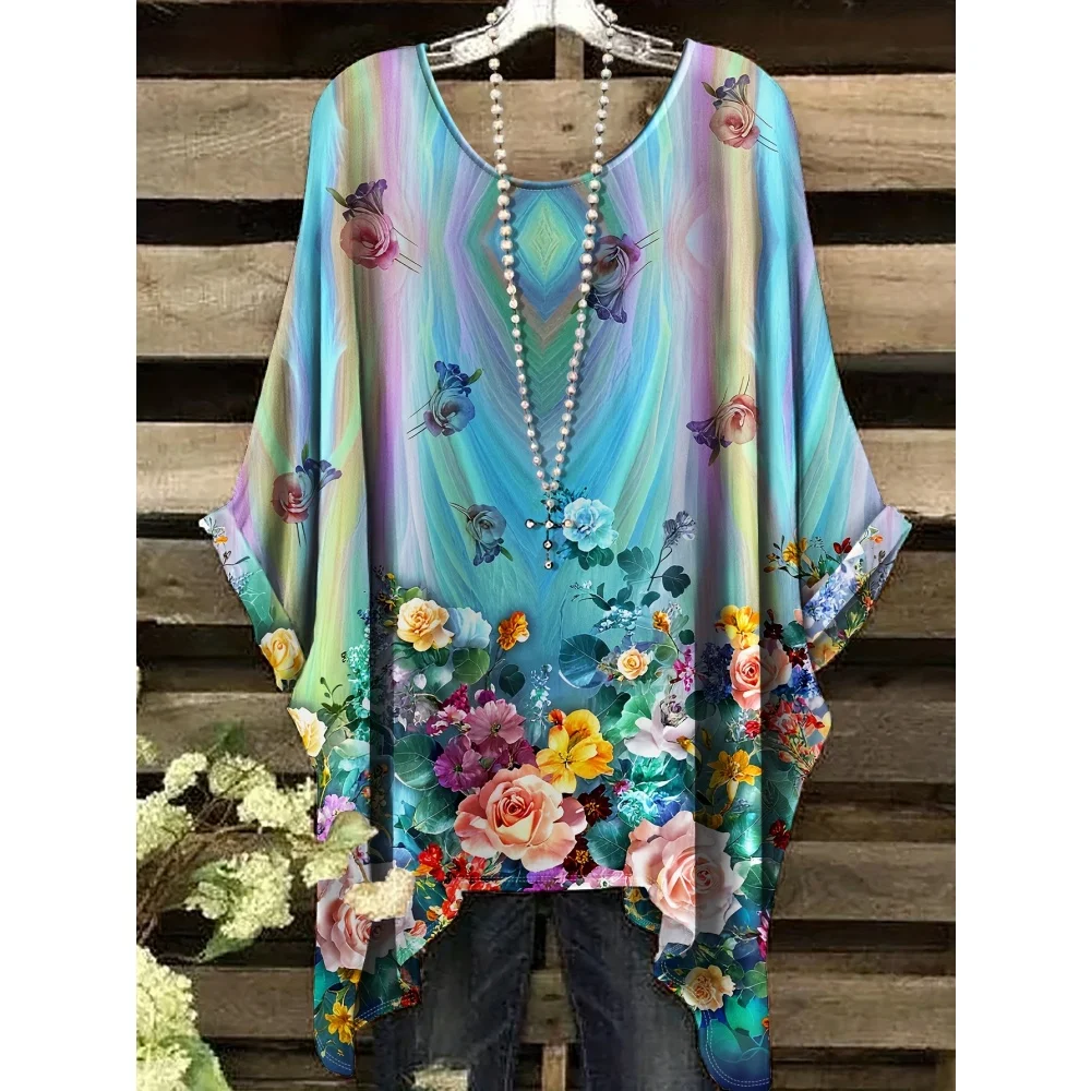 Women\'s Summer Bohemian Floral Print T-Shirt Vintage Light Purple Y2k Graphic Round Neck Clothing Elegant Woman Short Sleeve Top