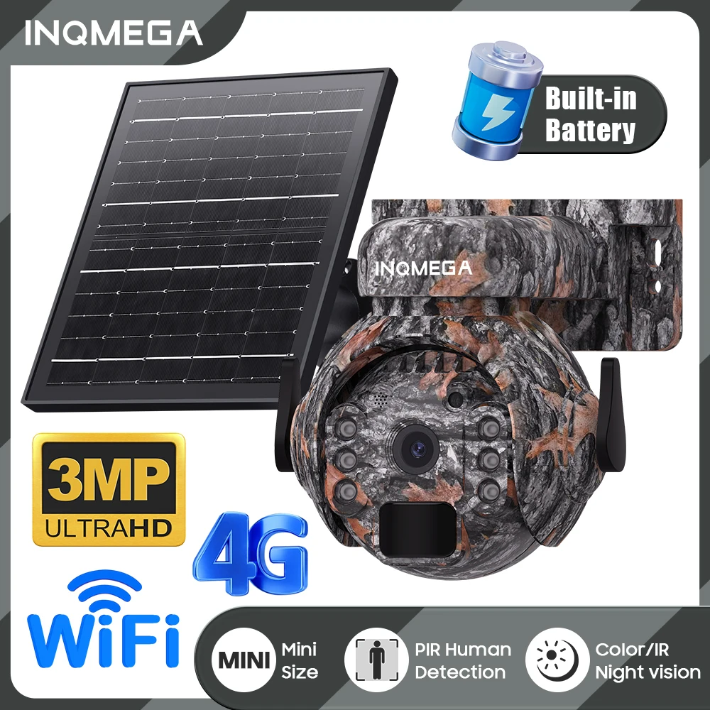 INQMEGA 3MP Solar PTZ Camera 4G WiFi Mini Outdoor PIR Human Detection Color Night 2-Way Audio IP65 Waterproof TF Cloud Storage